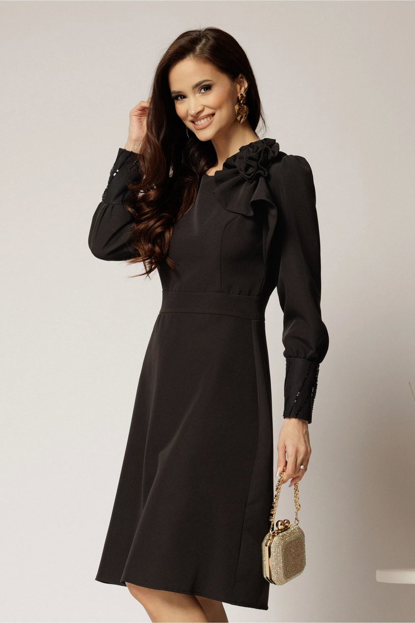 Rochia DY Fashion neagra cu mansete din paiete si funda ampla pe umar