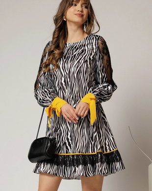 Rochie scurta zebra print din satin cu detalii galbene