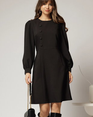 Rochie DY Fashion scurta neagra cu nasturi pe bust si fusta tip A