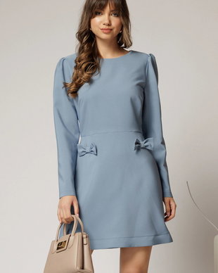 Rochie scurta bleu cu fusta tip A si fundite