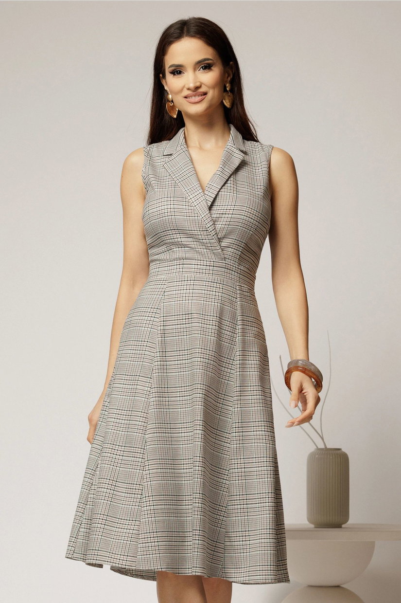 Sarafan DY Fashion din carou bej cu decolteu petrecut
