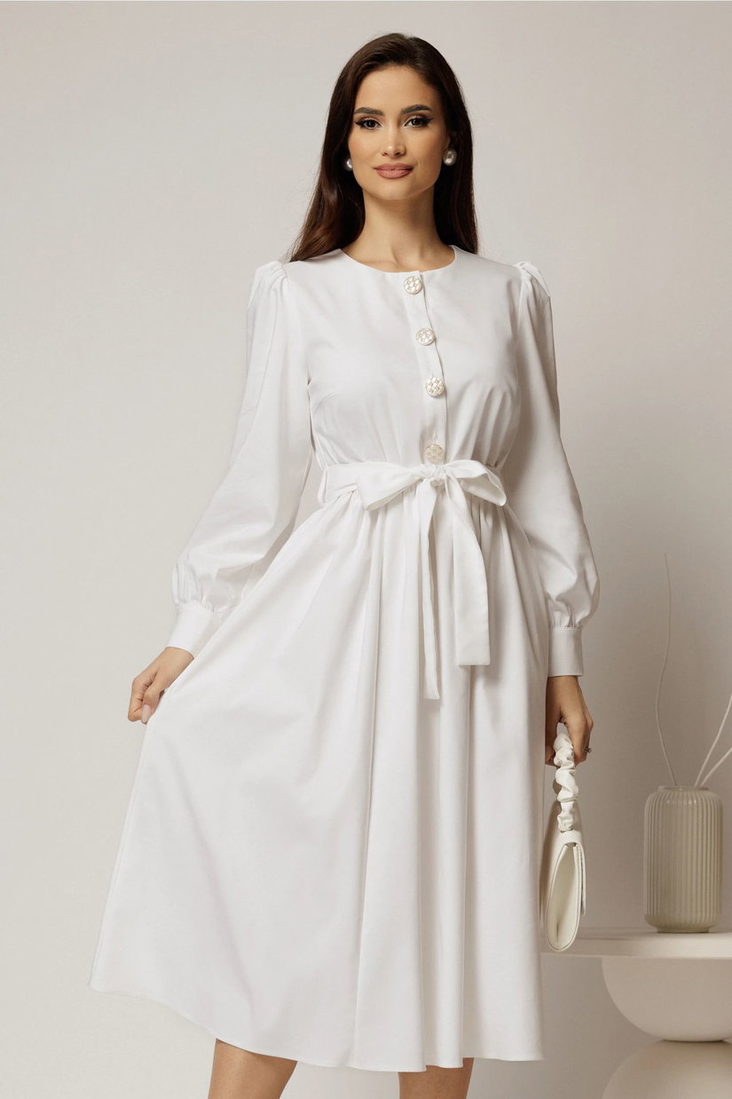 Rochie DY Fashion midi alba din bumbac cu nasturi pe bust si cordon in talie
