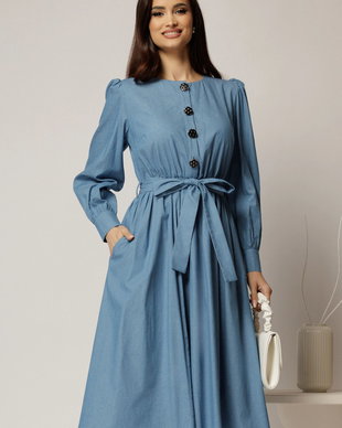 Rochie DY Fashion midi albastra din bumbac cu nasturi pe bust si cordon in talie