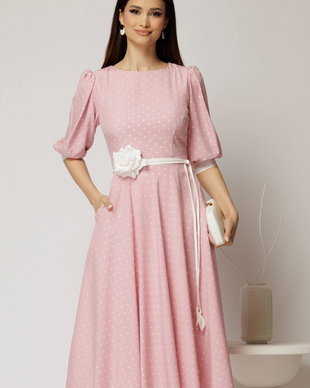 Rochie midi roz cu buline si cordon detasabil in talie