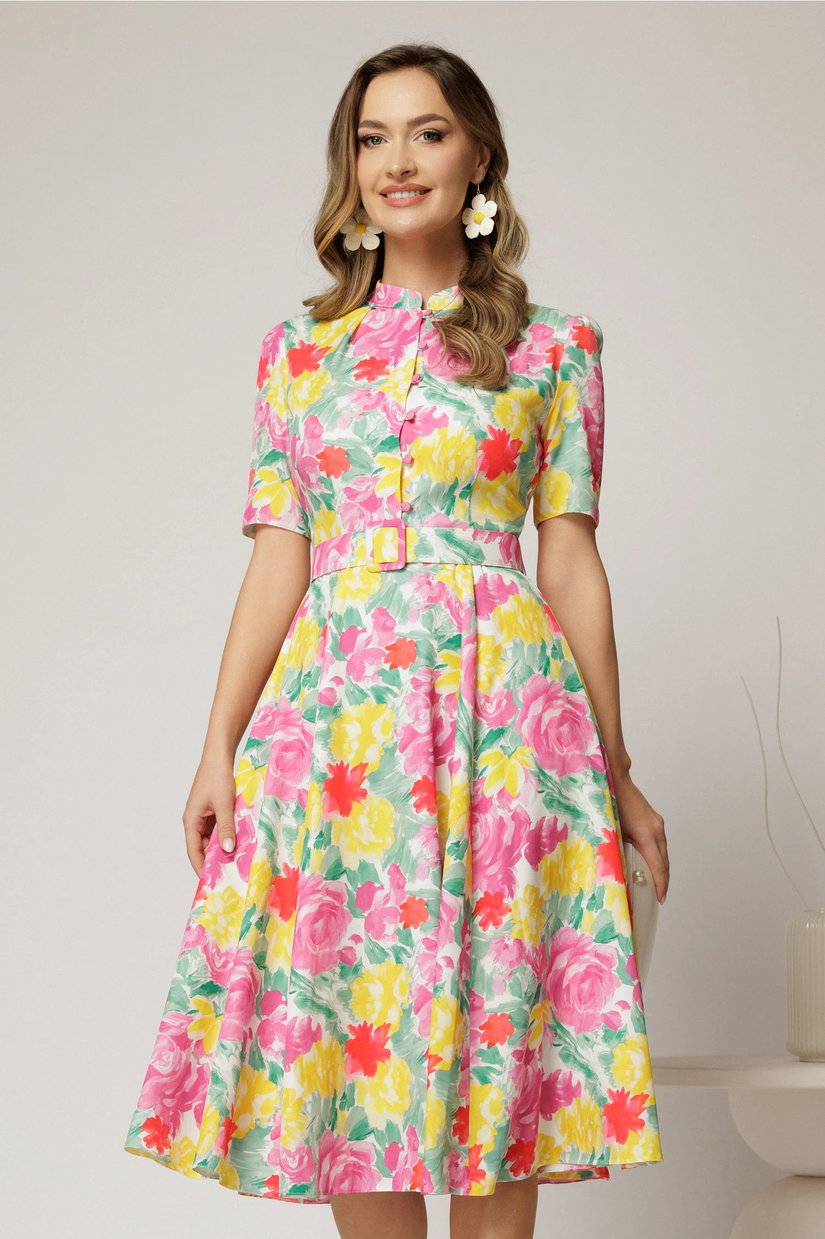 Rochie DY Fashion midi cu imprimeu roz si galben in clos din triplu voal cu nasturi la bust si curea in talie