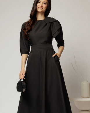 Rochie midi neagra clos cu funda ampla pe umar si cordon detasabil