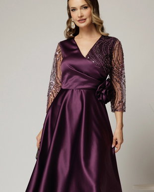 Rochie Azaleea midi mov din tafta cu paiete la bust si funda maxi in talie