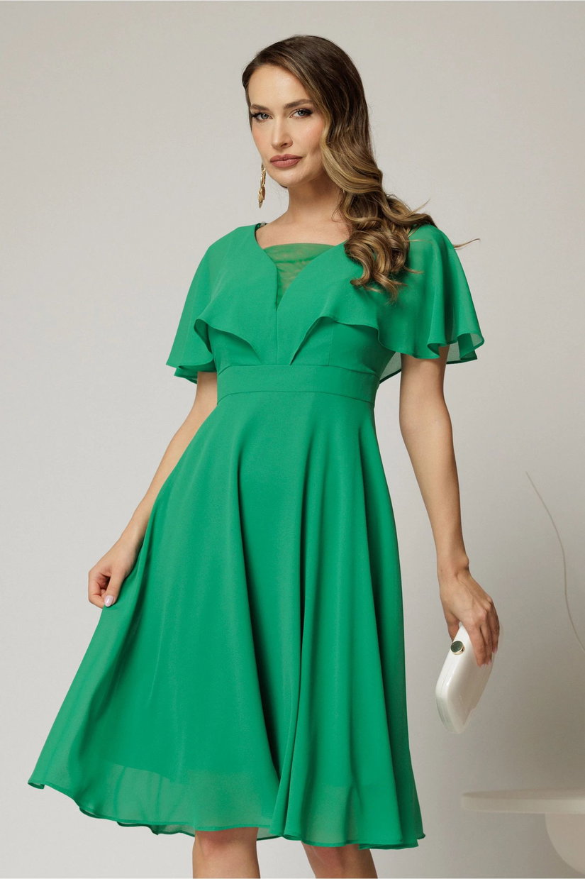 Rochie midi din voal verde cu maneci evazate si decolteu adanc