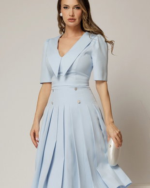 Rochie DY Fashion bleu cu decolteu cu guler ascutit si fusta plisata