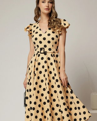 Rochie DY Fashion galben pai cu buline si curea in talie