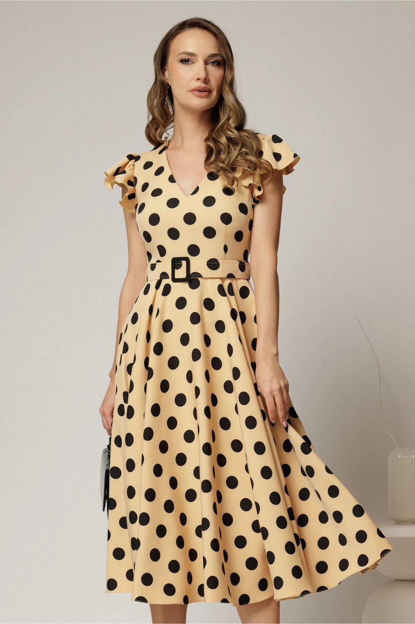 Rochie DY Fashion galben pai cu buline si curea in talie