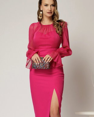 Rochie DY Fashion magenta cu maneci lungi din voal cu croi mulat