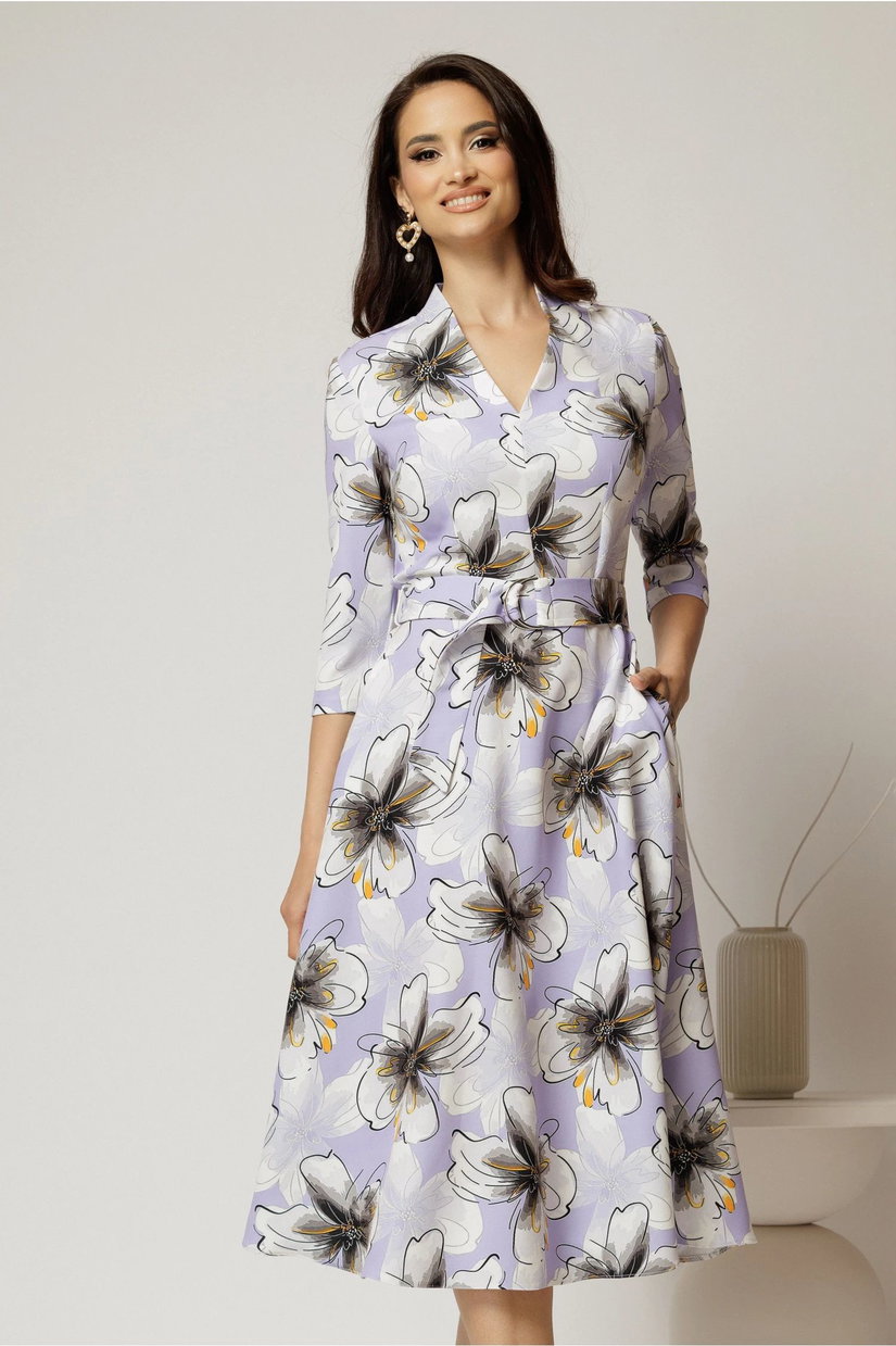 Rochie midi de zi lila cu imprimeuri ivoar cu buzunare