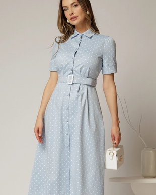 Rochie DY Fashion bleu cu buline tip camasa si curea in talie