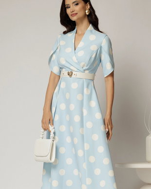 Rochie DY Fashion bleu cu buline cu decolteu si maneci petrecute