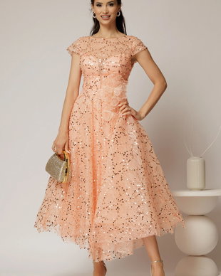 Rochie midi roz somon de ocazie din dantela cu paiete si perle