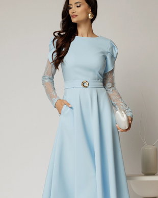 Rochie midi bleu cu maneci din dantela si cordon detasabil