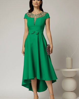 Rochie DY Fashion asimetrica verde cu funda in talie si aplicatii la decolteu