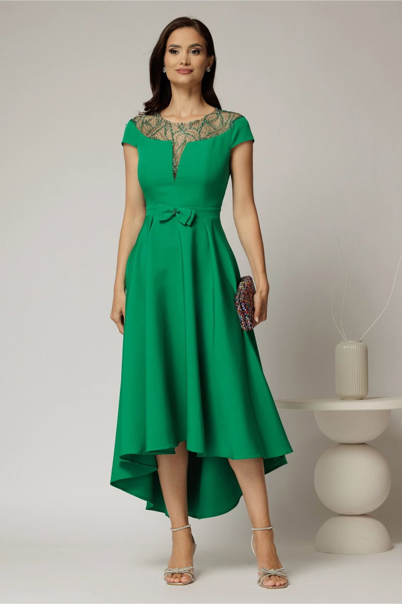 Rochie DY Fashion asimetrica verde cu funda in talie si aplicatii la decolteu