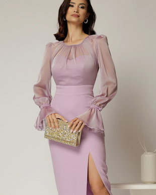 Rochie DY Fashion lila cu maneci lungi din voal cu croi mulat