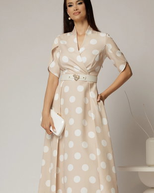 Rochie DY Fashion bej cu buline cu decolteu si maneci petrecute