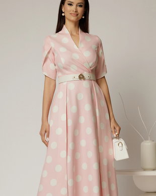 Rochie DY Fashion roz cu buline cu decolteu si maneci petrecute