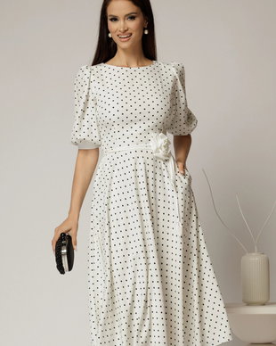 Rochie midi alba cu buline si cordon detasabil in talie