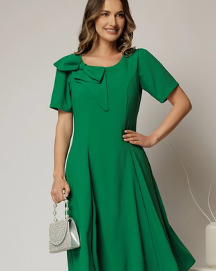 Rochie midi verde cu funda la umar si croi in clini