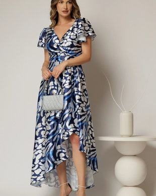 Rochie asimetrica din satin cu imprimeuri bleumarin si decolteu petrecut