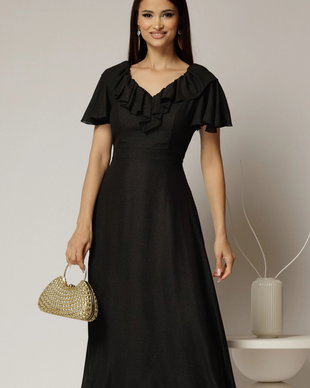 Rochie midi neagra cu sidef cu decolteu V si volanase la bust