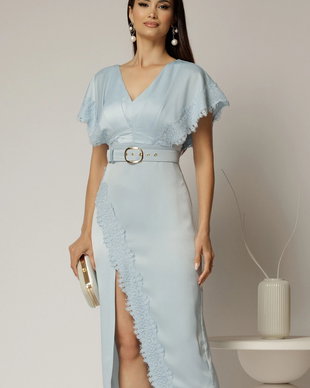 Rochie midi bleu din satin cu insertii de dantela