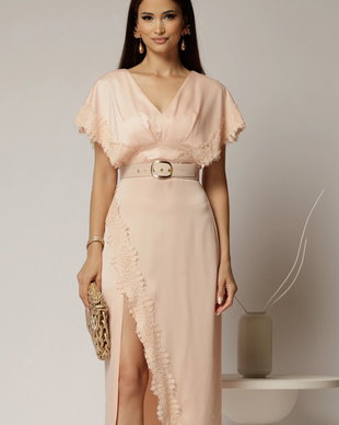Rochie midi roz din satin cu insertii de dantela