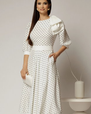 Rochie DY Fashion midi alba cu buline si funda ampla pe umar