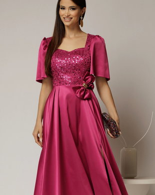 Rochie midi magenta din tafta si paiete cu funda ampla pe talie