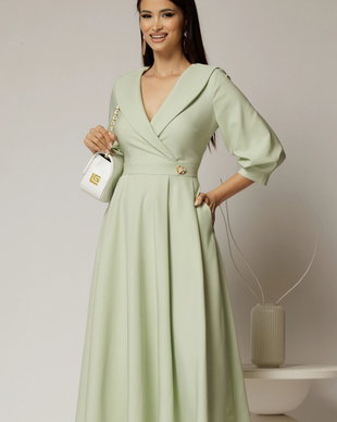 Rochie office de ocazie din stofa verde fistic deschis cu bust petrecut si rever