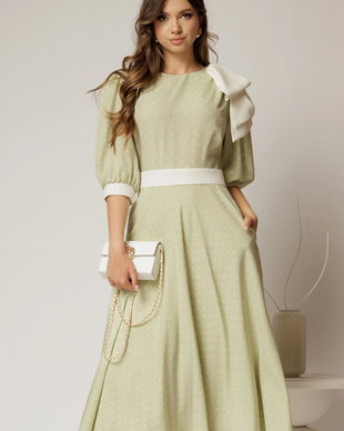 Rochie DY Fashion midi verde fistic cu buline si funda ampla pe umar