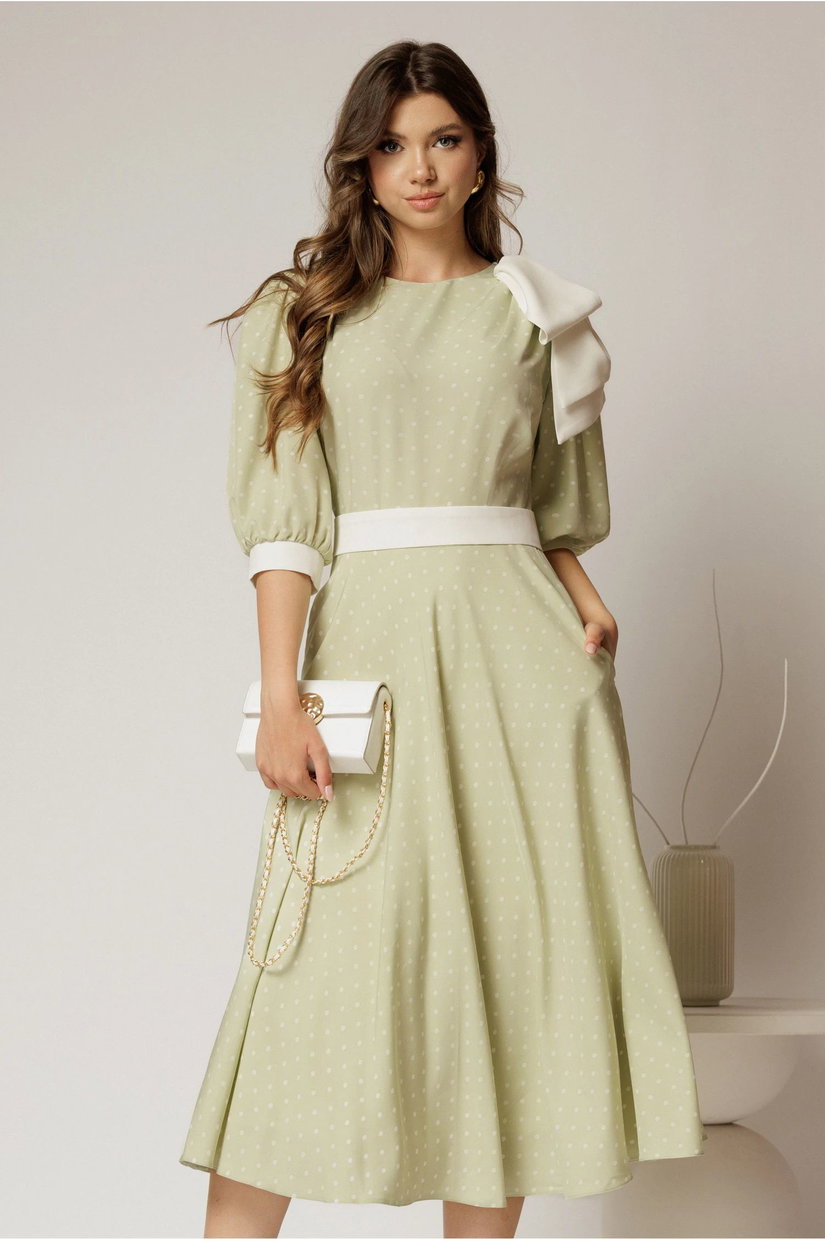 Rochie DY Fashion midi verde fistic cu buline si funda ampla pe umar