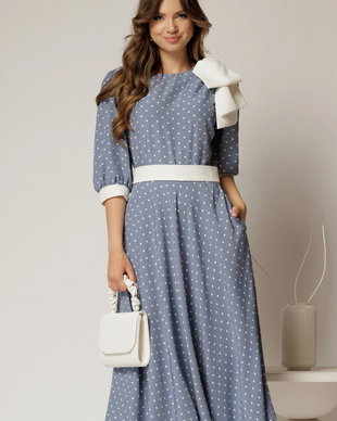 Rochie DY Fashion midi bleu cu buline si funda ampla pe umar