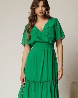 Rochie midi din voal verde cu decolteu petrecut cu volanase si maneci scurte