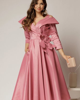 Rochie midi roz din tafta peliculizata cu floare ampla pe talie