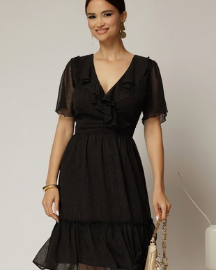 Rochie midi din voal negru cu decolteu petrecut cu volanase si maneci scurte