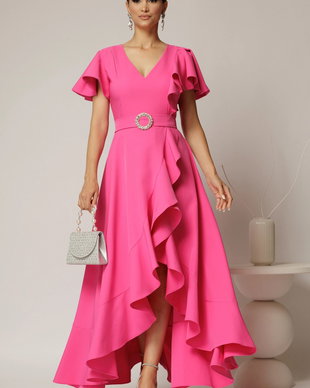 Rochie lunga de ocazie din stofa fucsia cu volane si cordon in talie