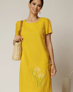 Rochie galbena din in cu flori brodate si croi drept