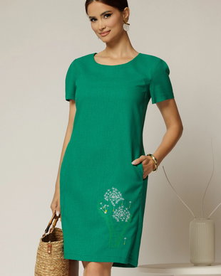 Rochie verde din in cu flori brodate si croi drept