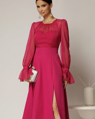 Rochie DY Fashion midi fucsia de ocazie cu voal la bust