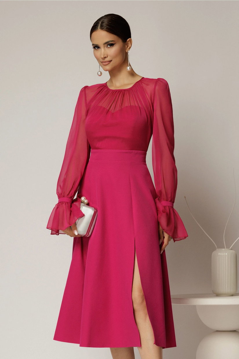 Rochie DY Fashion midi fucsia de ocazie cu voal la bust