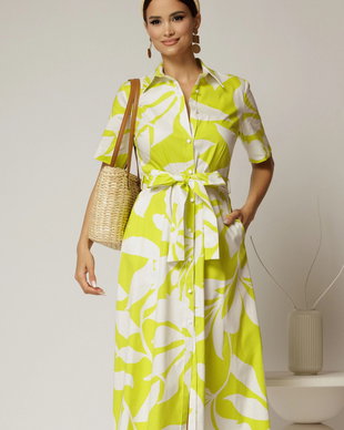 Rochie midi alba cu imprimeu verde neon tip camasa din poplin cu cordon in talie