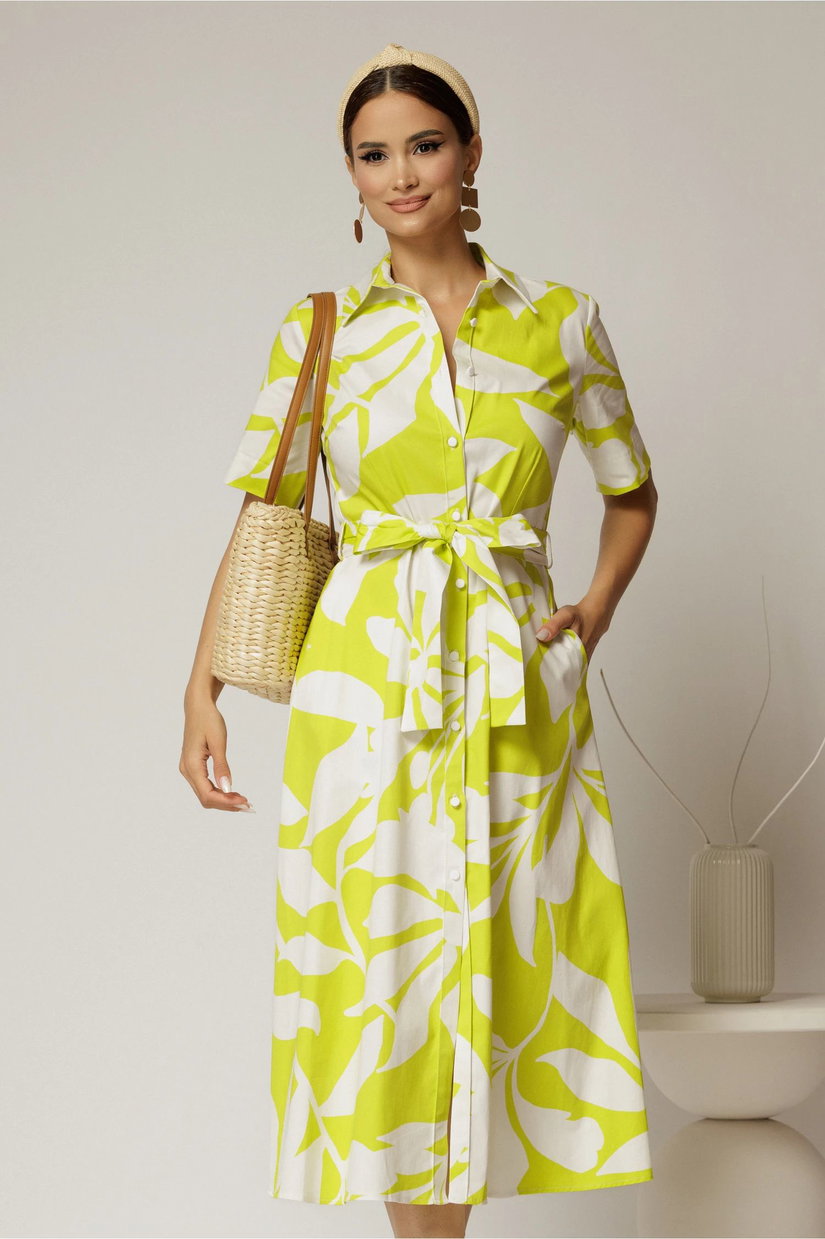 Rochie midi alba cu imprimeu verde neon tip camasa din poplin cu cordon in talie