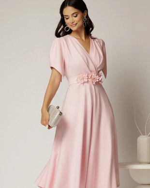 Rochie midi roz de ocazie cu pliuri pe bust si cordon detasabi cu flori