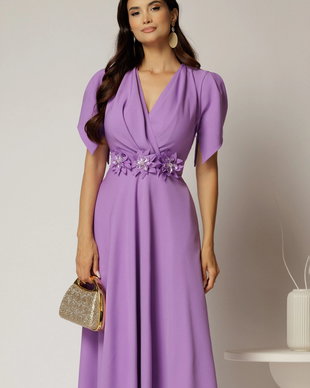Rochie midi lila de ocazie cu pliuri pe bust si cordon detasabi cu flori